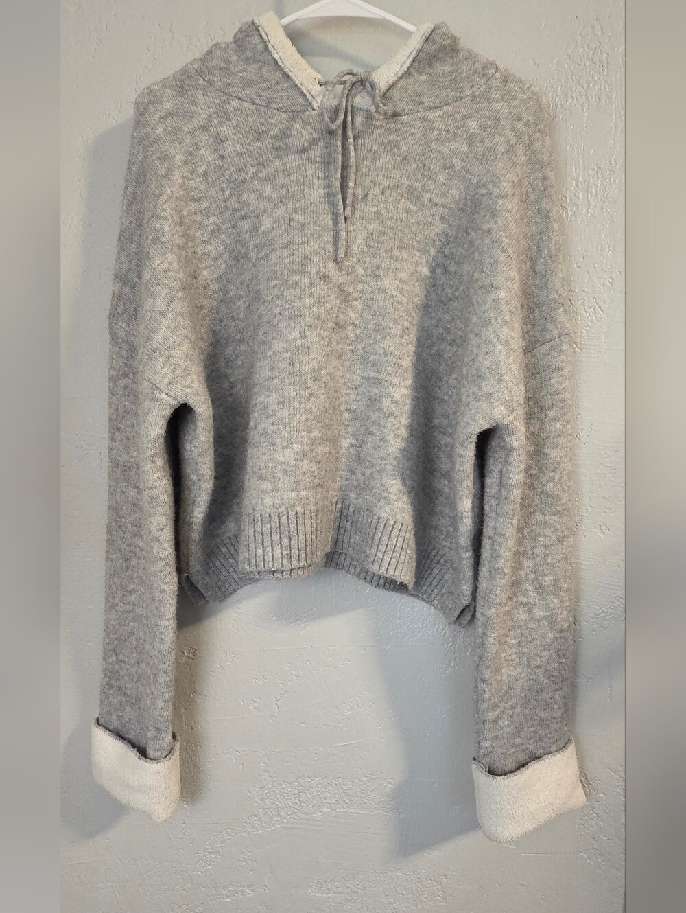 Happily Grey Heather Grey Knit Hoodie Sweater Sherpa Cuff Women's Size XL Cozy